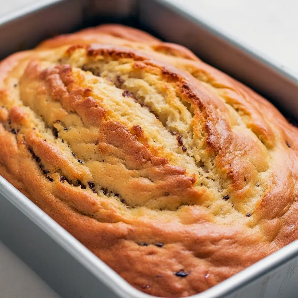 Close-up of a moist slice of banana bread studded with chopped walnuts on a wooden board, a second loaf visible in the background, High Protein Banana Bread Recipe.
