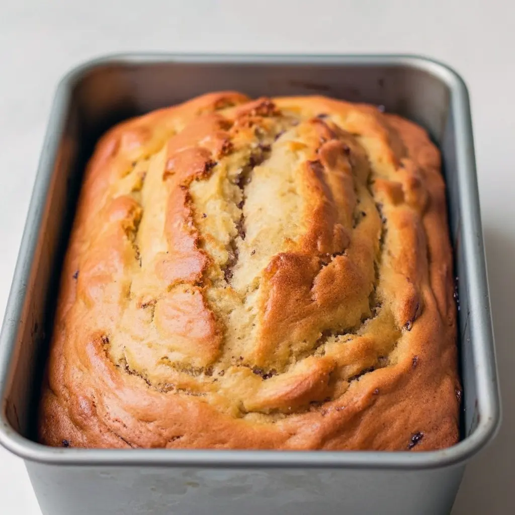 Close-up of a moist slice of banana bread studded with chopped walnuts on a wooden board, a second loaf visible in the background.