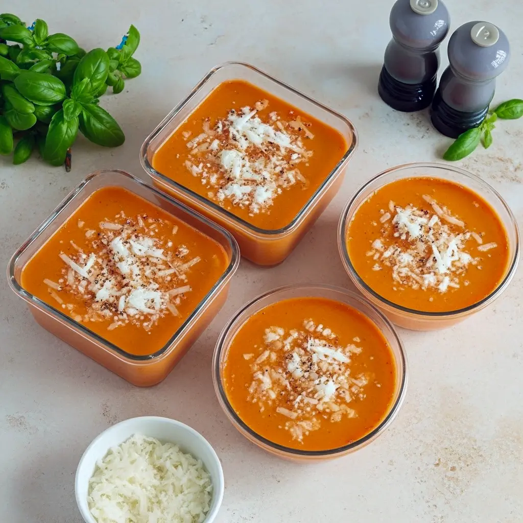 Creamy tomato soup with a basil garnish and crusty bread on the side, Protein Packed Tomato Soup.