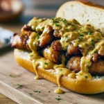 Toasted hoagie stuffed with golden crispy chicken tenders, drizzled mustard-BBQ sauce, pickles, red onion, and shredded slaw on a wooden board.