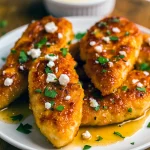 Golden, breaded chicken breast piled with crumbled feta and a glossy hot-honey drizzle, plated with lemon wedges and fresh herbs.