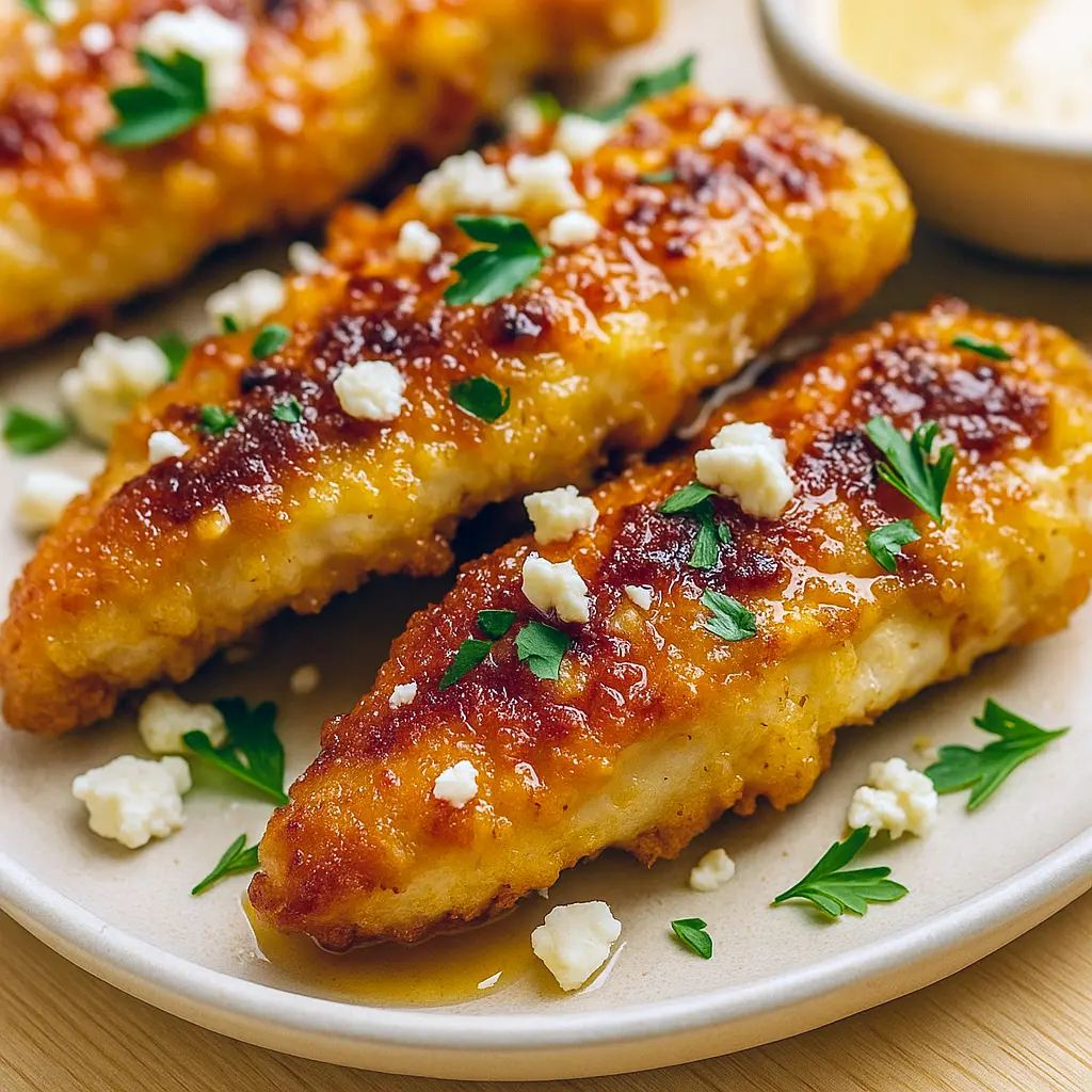 Golden, breaded chicken breast piled with crumbled feta and a glossy hot-honey drizzle, plated with lemon wedges and fresh herbs.