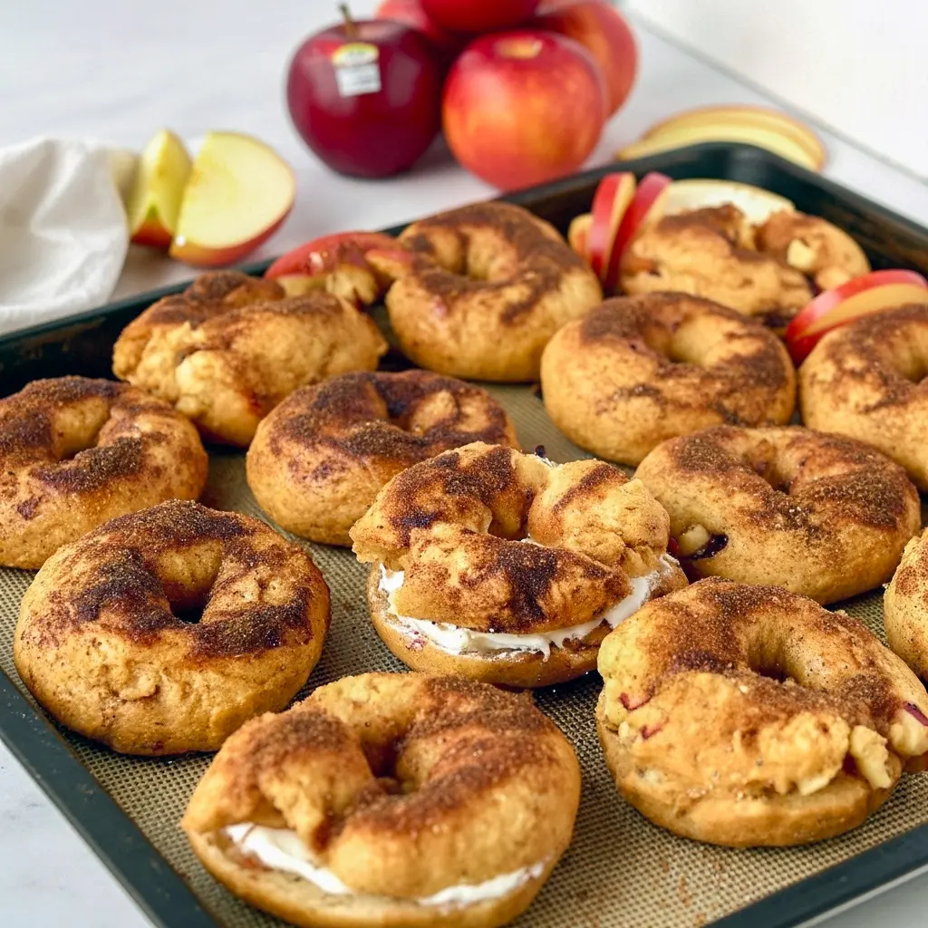 Close-up of golden Apple Bagels topped with cinnamon-sugar, showing a tender crumb and apple pieces — a Bagel With Greek Yogurt take on the classic Cinnamon Bagel, inspired by Greek Yogurt Dinner Rolls, Apple Cinnamon Bagels.