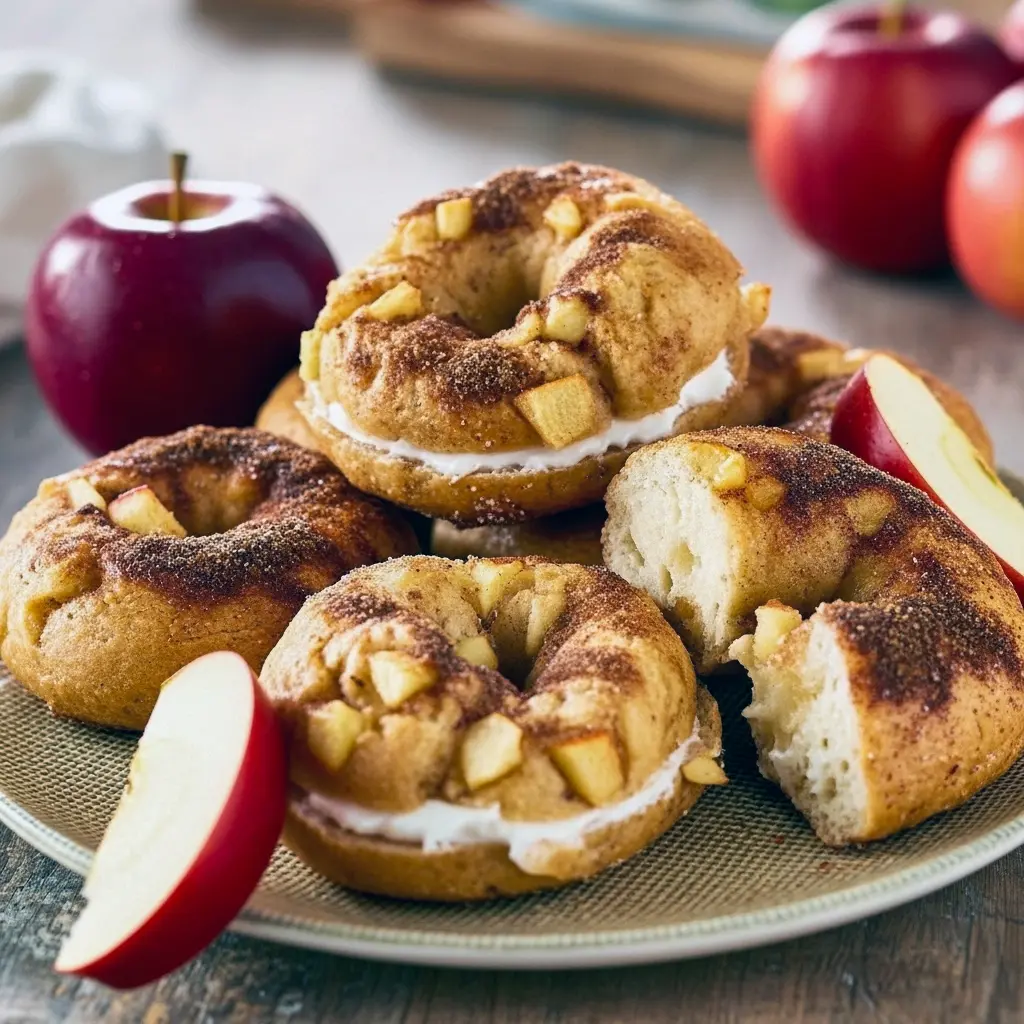 Close-up of golden Apple Bagels topped with cinnamon-sugar, showing a tender crumb and apple pieces — a Bagel With Greek Yogurt take on the classic Cinnamon Bagel, inspired by Greek Yogurt Dinner Rolls.