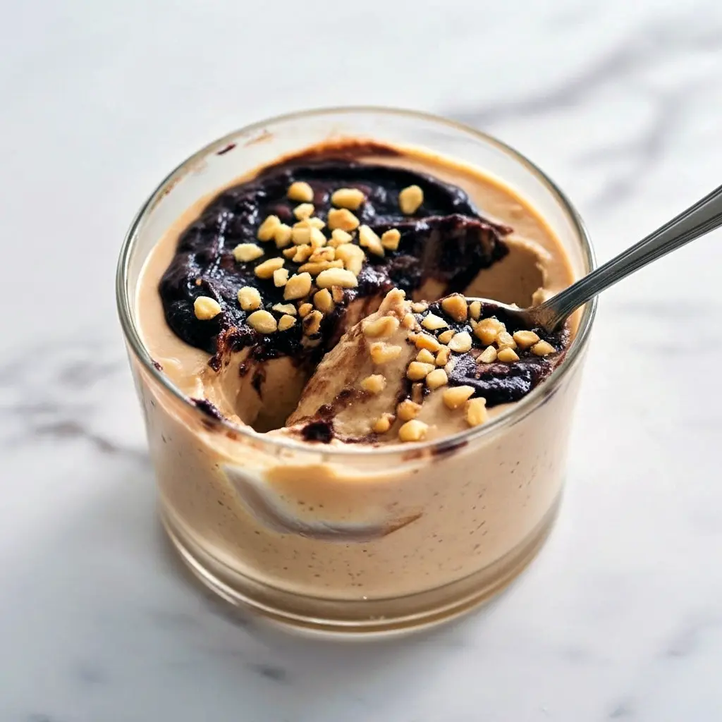Close-up of a creamy peanut-butter mousse in a small jar, drizzled with melted chocolate and sprinkled with chopped peanuts, spoon on the side, Peanut Butter Cottage Cheese.