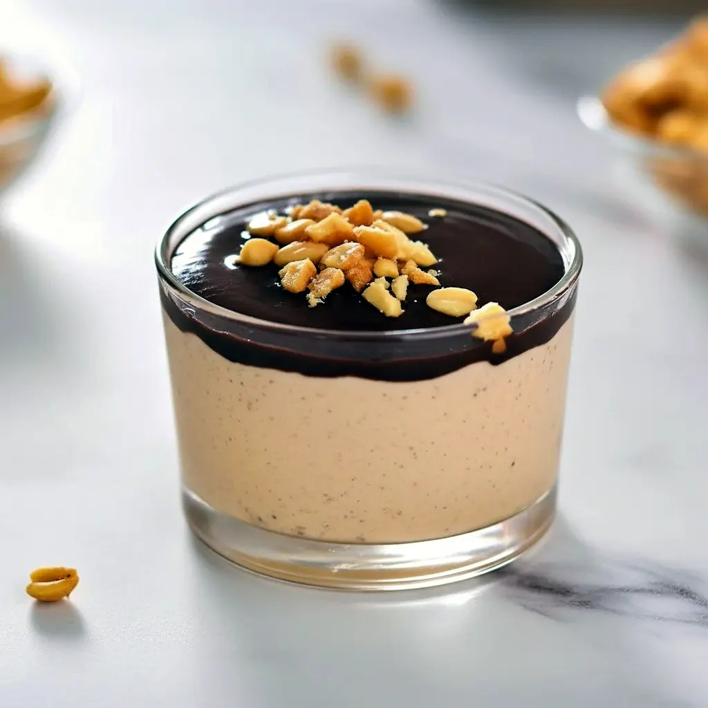 Close-up of a creamy peanut-butter mousse in a small jar, drizzled with melted chocolate and sprinkled with chopped peanuts, spoon on the side.