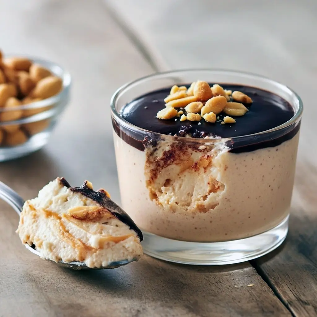 Close-up of a creamy peanut-butter mousse in a small jar, drizzled with melted chocolate and sprinkled with chopped peanuts, spoon on the side.