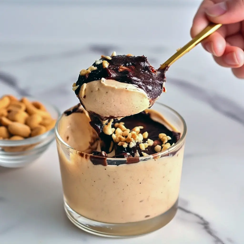 Close-up of a creamy peanut-butter mousse in a small jar, drizzled with melted chocolate and sprinkled with chopped peanuts, spoon on the side.
