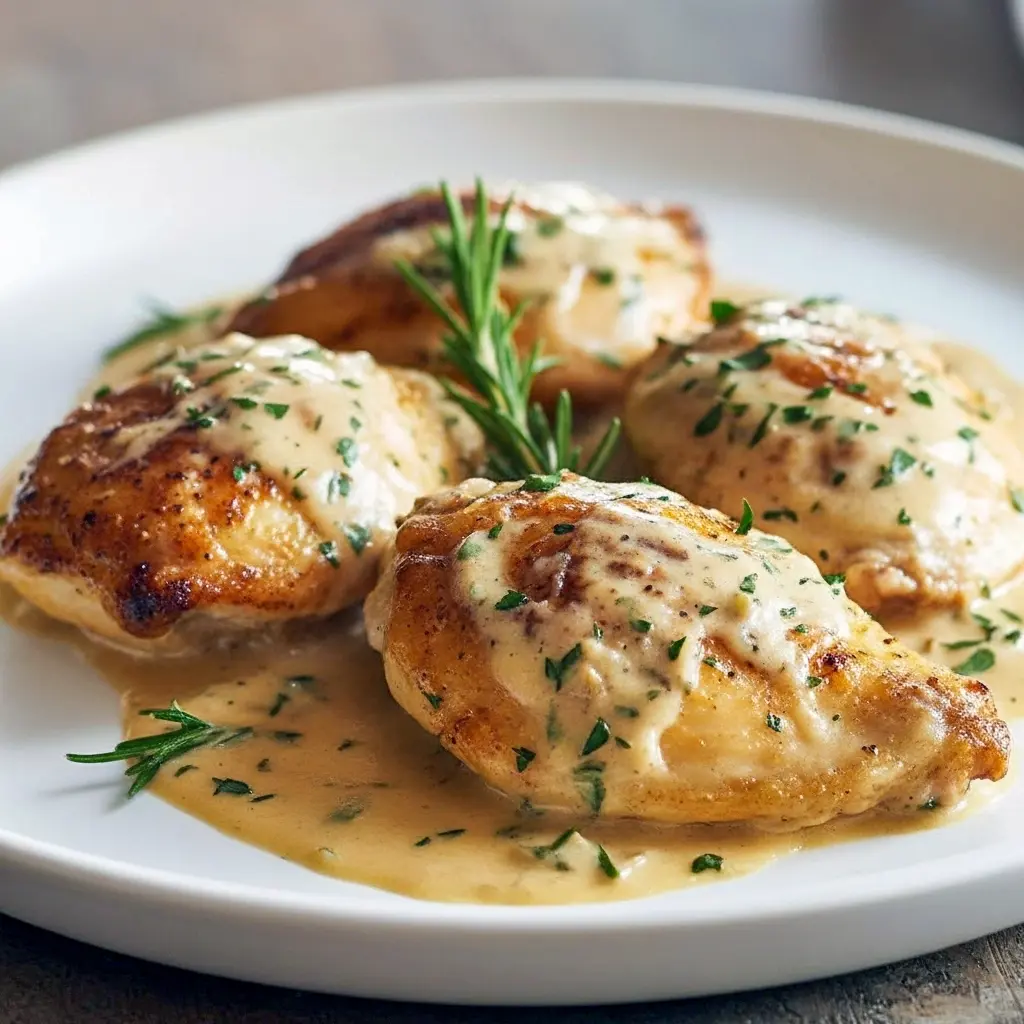 Skillet of golden chicken breasts in a creamy whiskey sauce, garnished with chopped parsley, served over mashed potatoes.