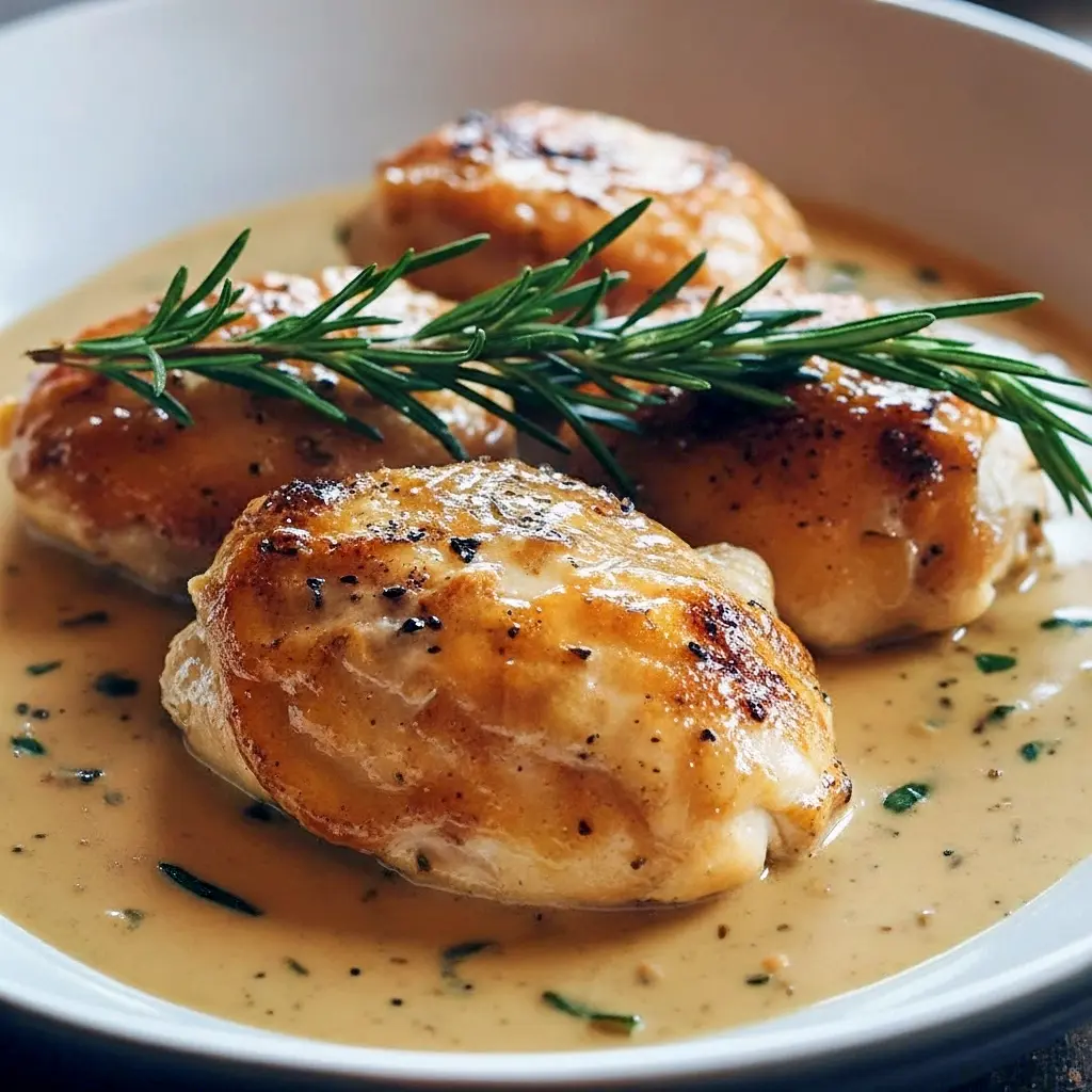 Skillet of golden chicken breasts in a creamy whiskey sauce, garnished with chopped parsley, served over mashed potatoes.