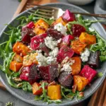 Carmelized Sweet Potato And Roasted Beet Salad With Feta on a rustic plate — roasted beet and sweet potato cubes atop baby spinach, sprinkled with crumbled feta, toasted pecans, dried cranberries, and a balsamic drizzle.