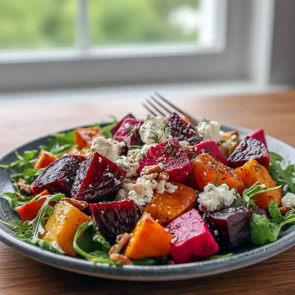 Carmelized Sweet Potato And Roasted Beet Salad With Feta on a rustic plate — roasted beet and sweet potato cubes atop baby spinach, sprinkled with crumbled feta, toasted pecans, dried cranberries, and a balsamic drizzle.