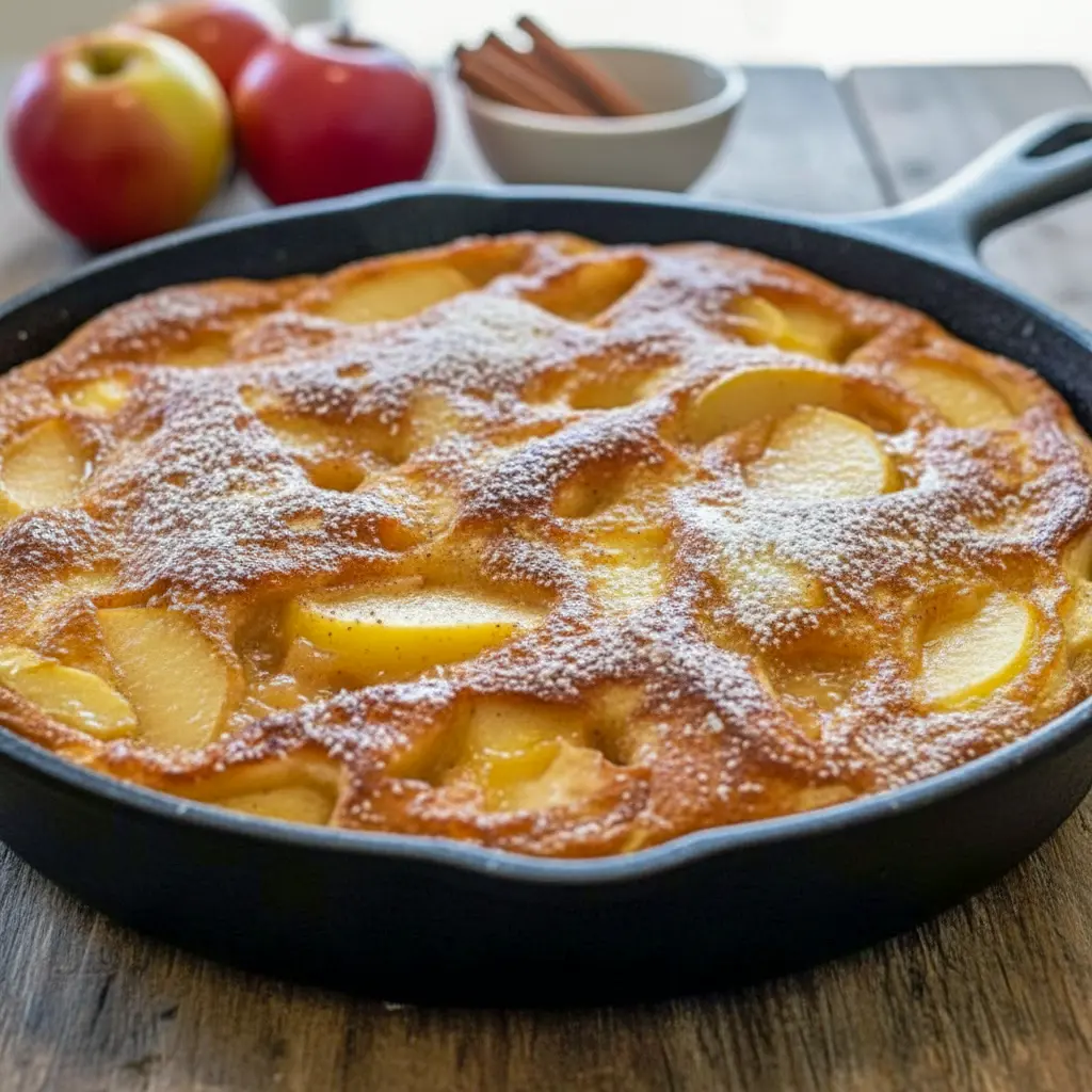 Comforting Breakfast — golden apple cinnamon German pancake topped with caramelized apples and a dusting of powdered sugar on a rustic plate.