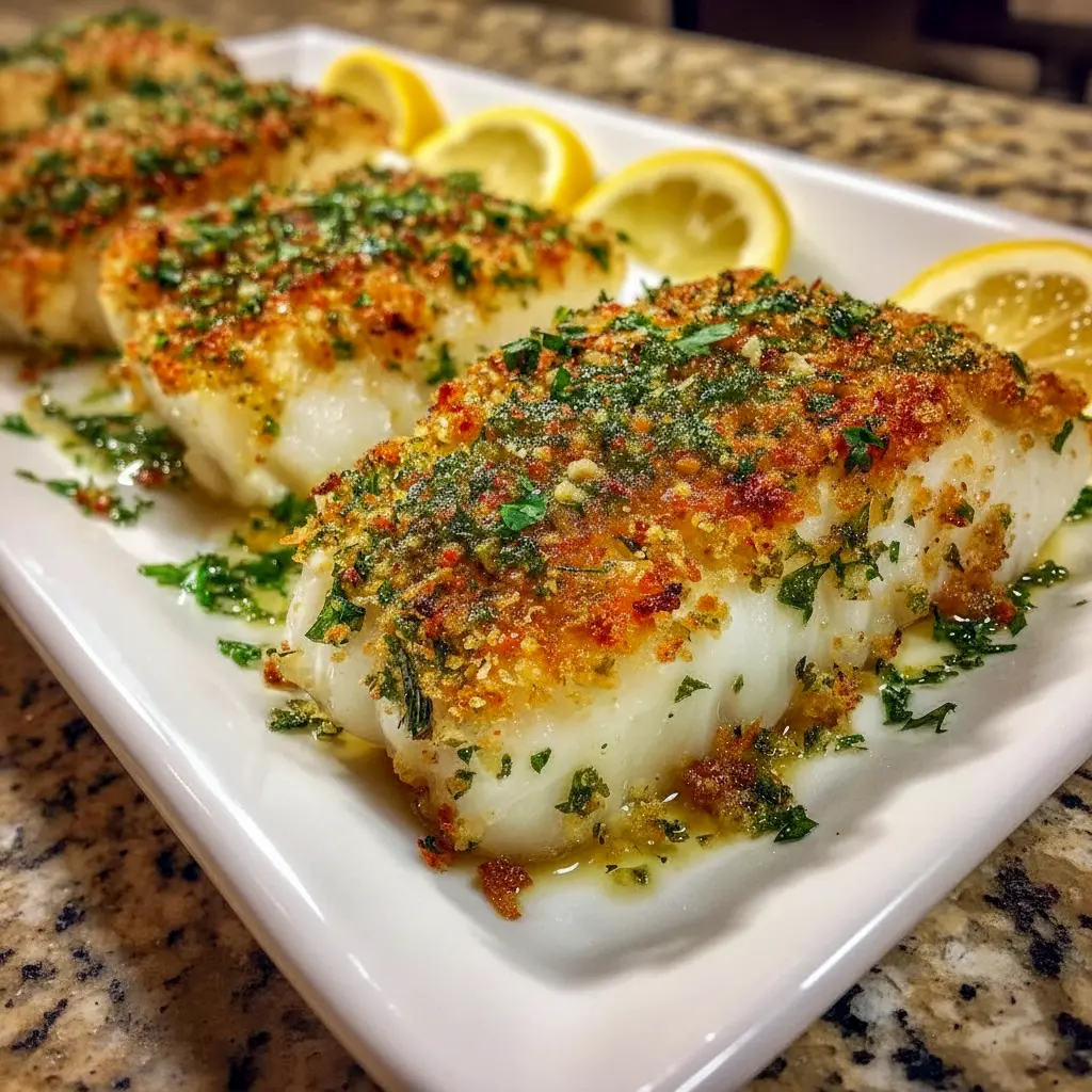 Golden, crispy lemon-herb Cod Baked In Oven on a white plate, topped with buttery panko crumbs, fresh parsley, and lemon slices — classic New England style seafood dinner.