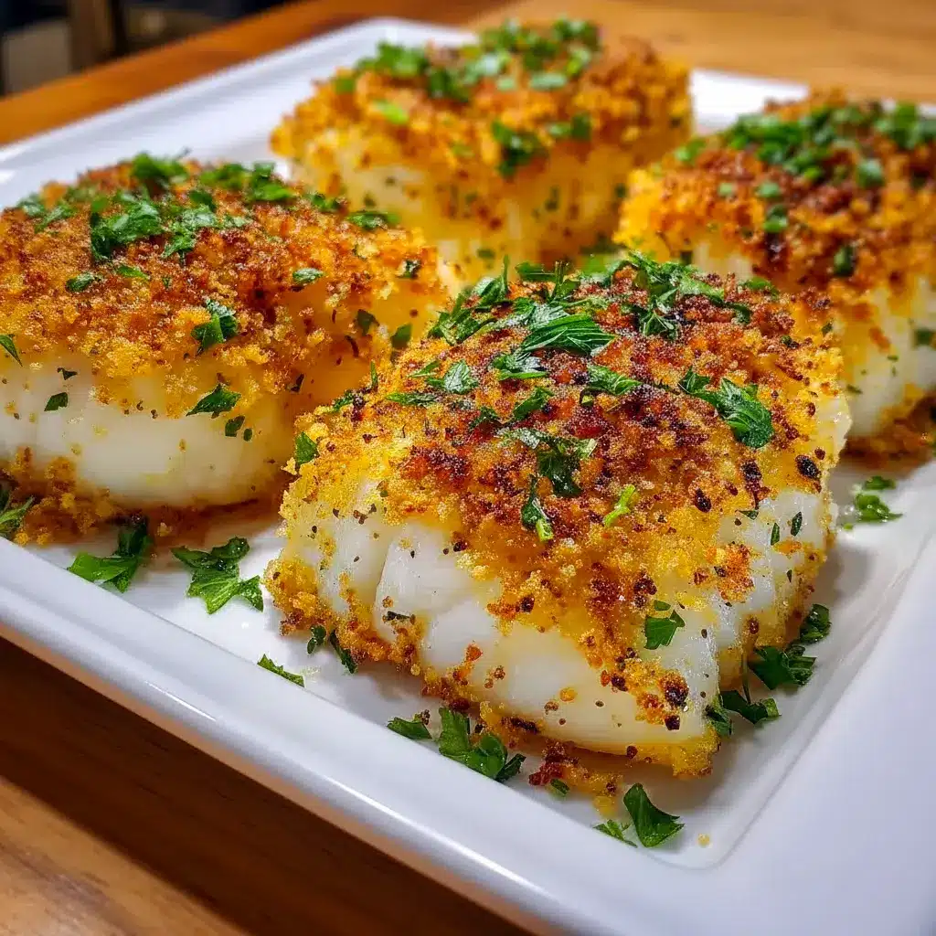 Golden, crispy lemon-herb Cod Baked In Oven on a white plate, topped with buttery panko crumbs, fresh parsley, and lemon slices — classic New England style seafood dinner.