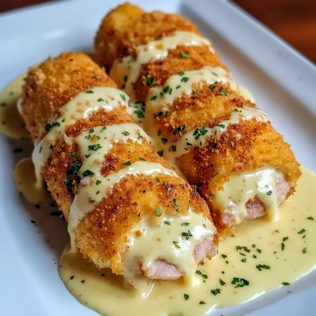 Baked Cordon Bleu — sliced chicken roulade stuffed with ham and Swiss, drizzled with creamy Swiss cheese sauce and plated with roasted potatoes and parsley.