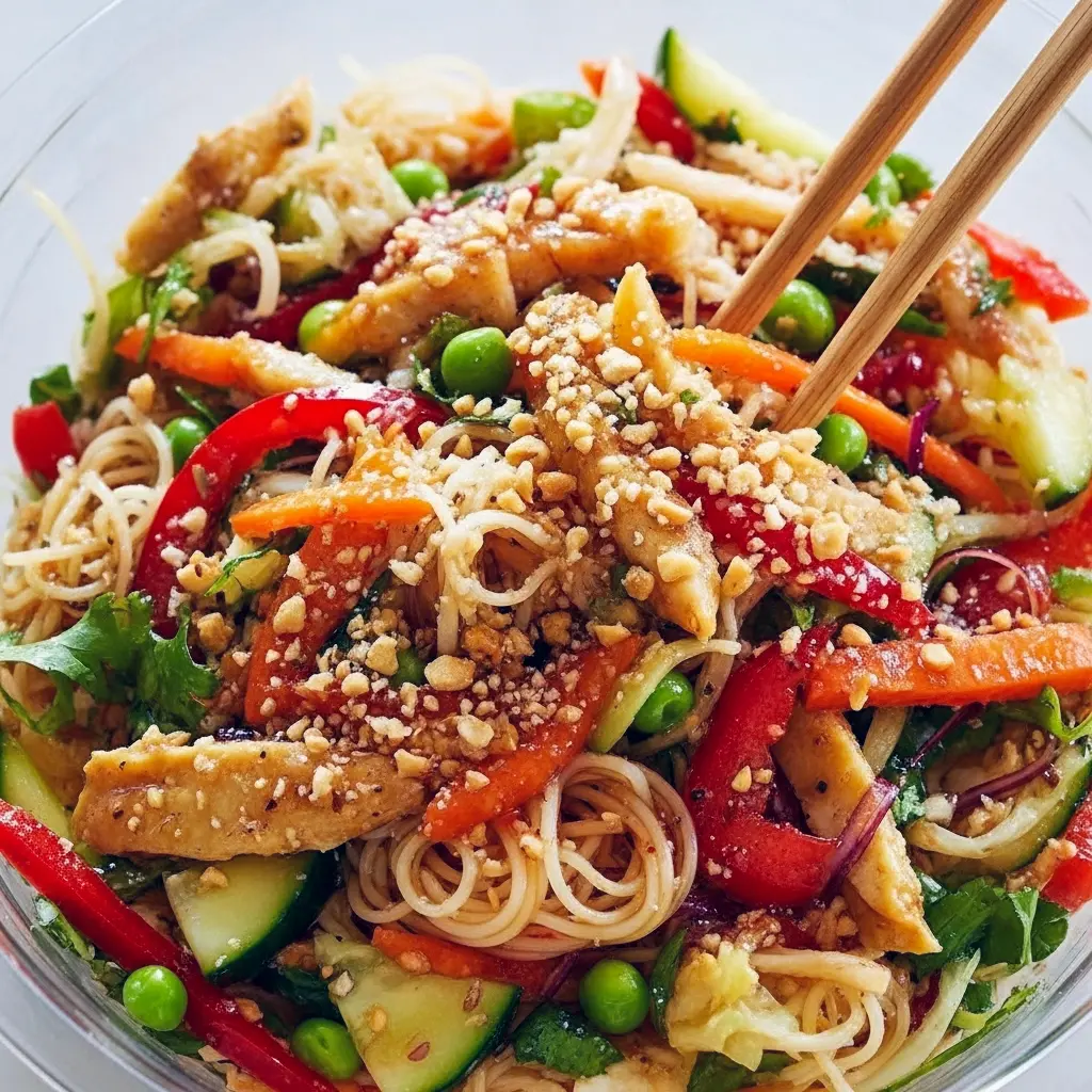 A vibrant bowl of Fresh Salads featuring rice noodles, colorful vegetables, and spicy ginger dressing — a Vegan Salad inspired by Asian Dishes and perfect for Dinner Salads or Soup And Salad meals, Best Salad Recipes.
