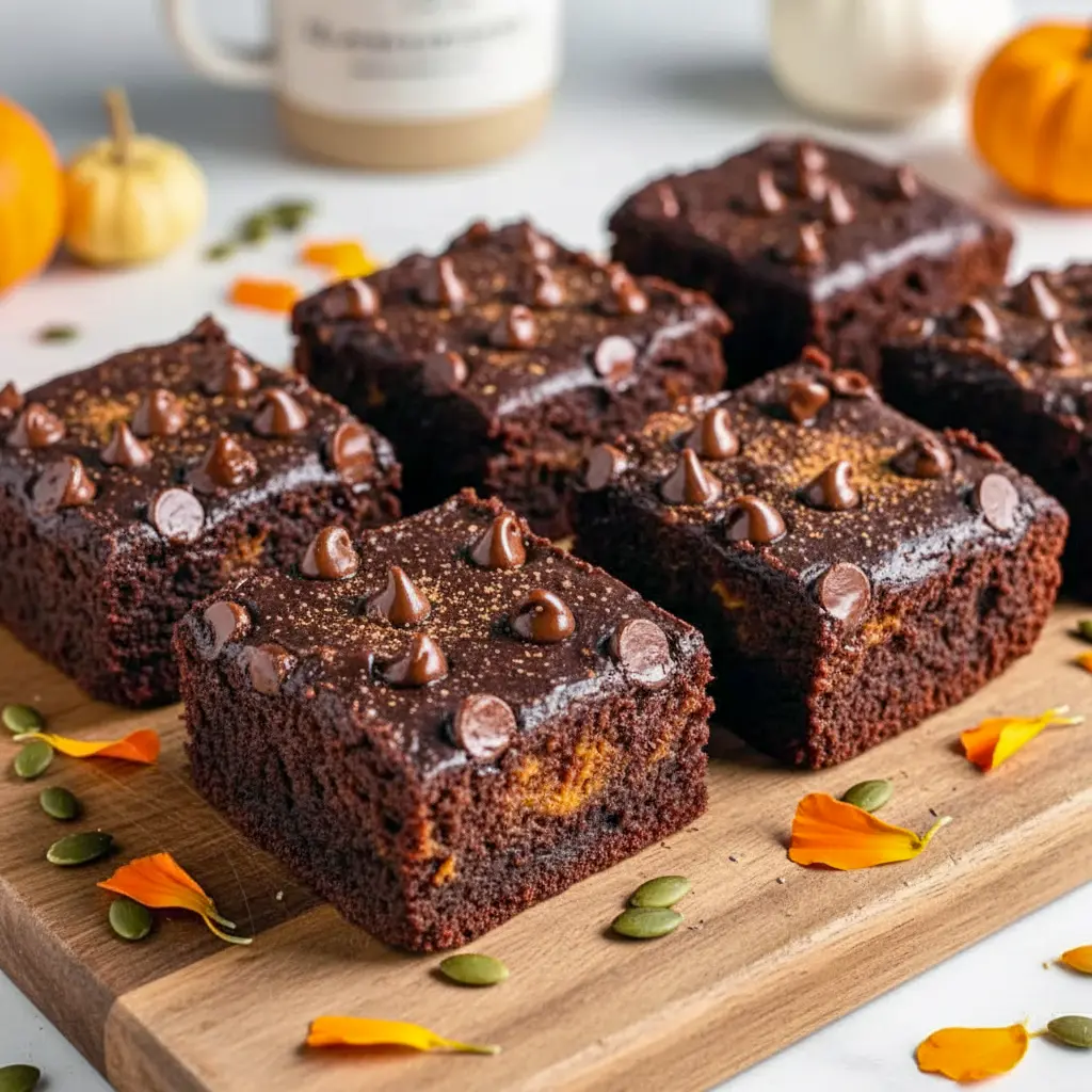 Fudgy Pumpkin Brownies topped with melted chocolate chips, a healthy fall treat that’s gluten-free, vegan, and packed with rich pumpkin flavor.