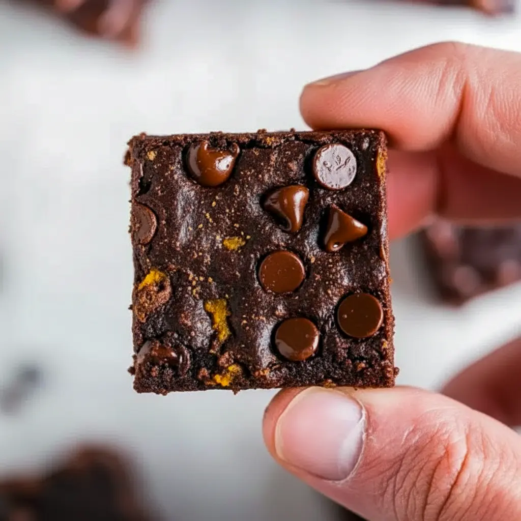 Fudgy Pumpkin Brownies topped with melted chocolate chips, a healthy fall treat that’s gluten-free, vegan, and packed with rich pumpkin flavor.