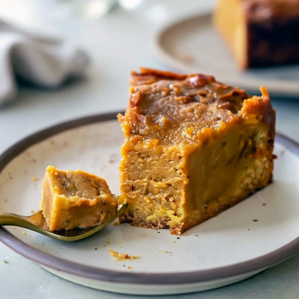 Slice of pumpkin gooey butter cake with a golden crust and creamy, custard-like pumpkin center dusted with powdered sugar on a white plate.
