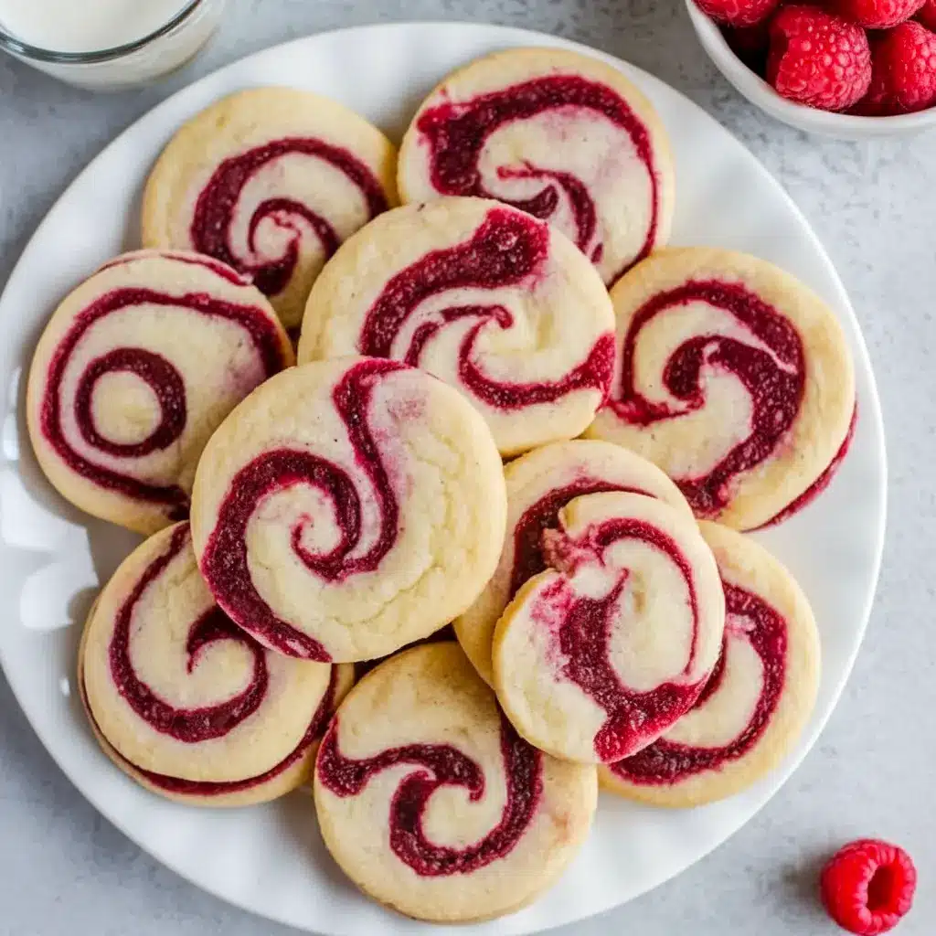 Close-up of golden shortbread slices with a vivid raspberry ribbon — styled as Wedding Shortbread Cookies and Shortbread Swirl Cookies, a festive spin on a classic Spritz Cookie, rivaling store-bought Harry And David Raspberry Cookies.