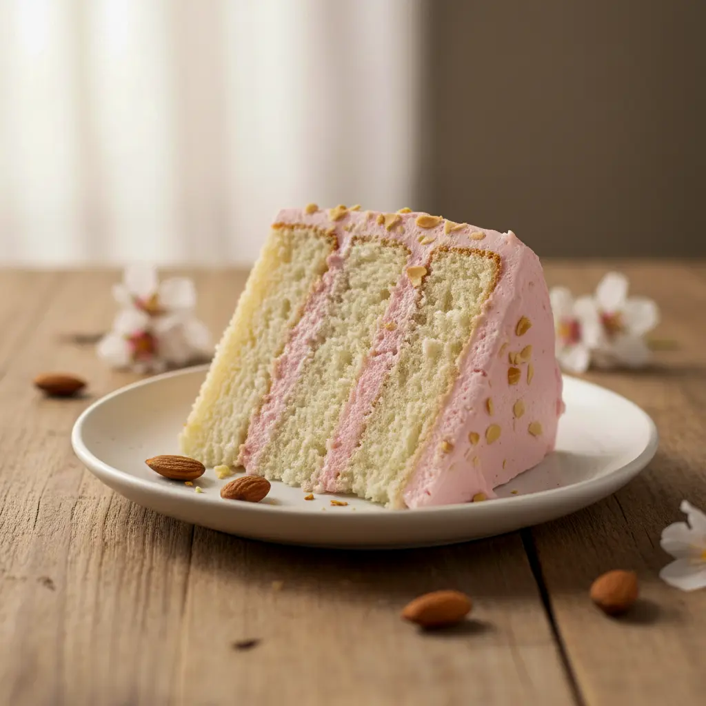Three-tier white almond layer cake on a white stand, smooth whipped buttercream frosting, a slice removed to reveal the tender, pale crumb.