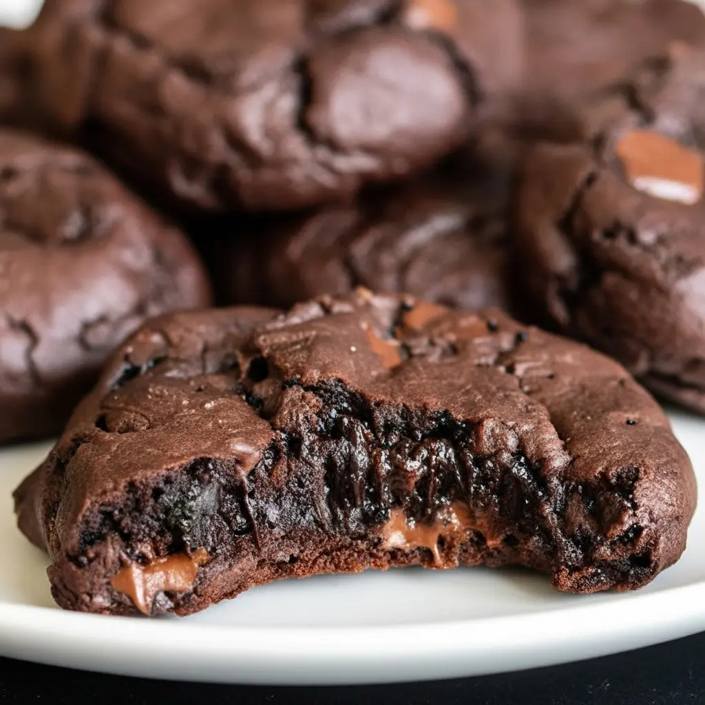 Close-up of glossy, crackled flourless fudge cookies on parchment paper, showing gooey chocolate centers and scattered chocolate chips.