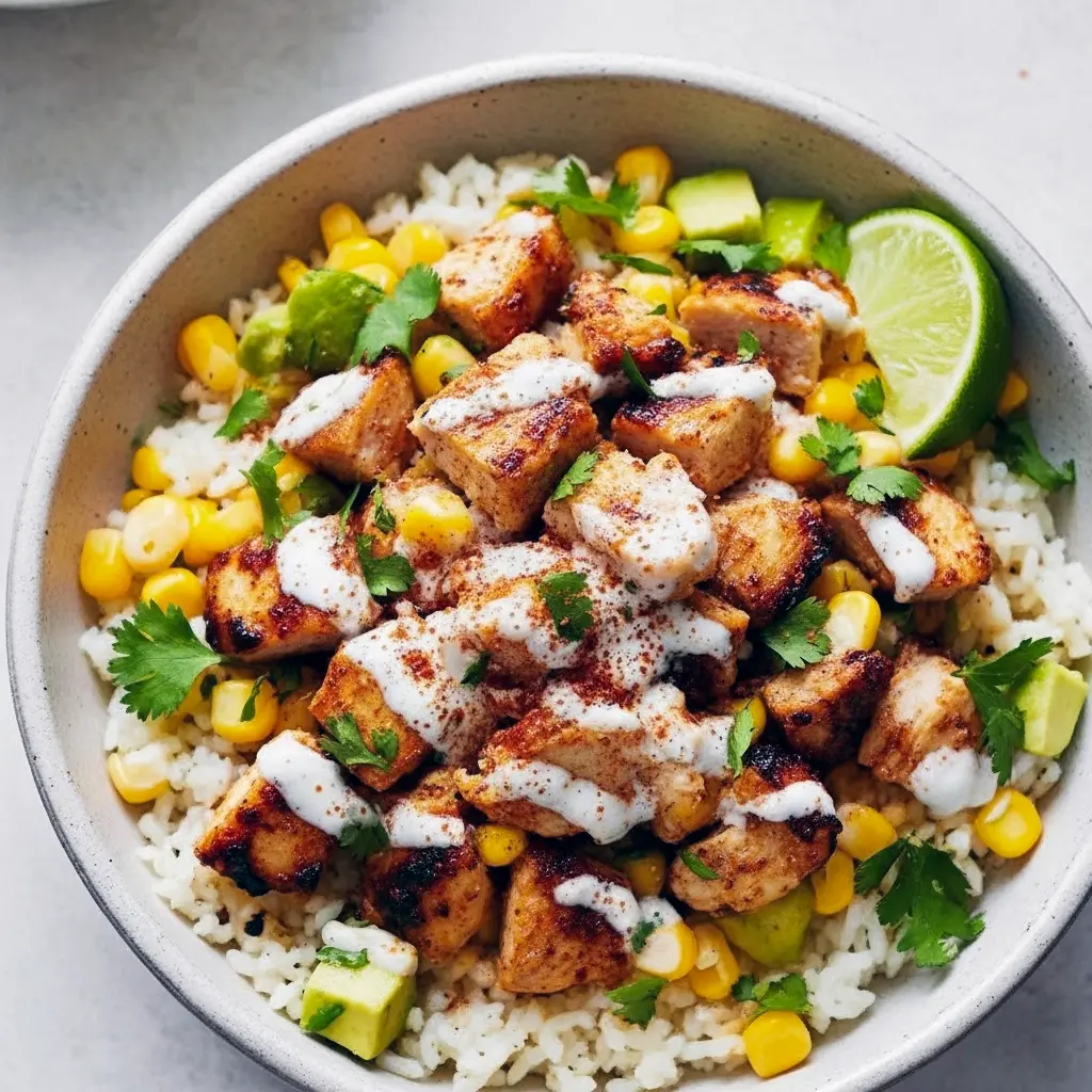 A colorful Loaded Street Corn Chicken Rice Bowl filled with juicy Mexican Street Corn Chicken, fluffy rice, grilled corn, Cotija cheese, and fresh lime — the perfect Rice Taco Bowl for a Summer Dinner Easy night.