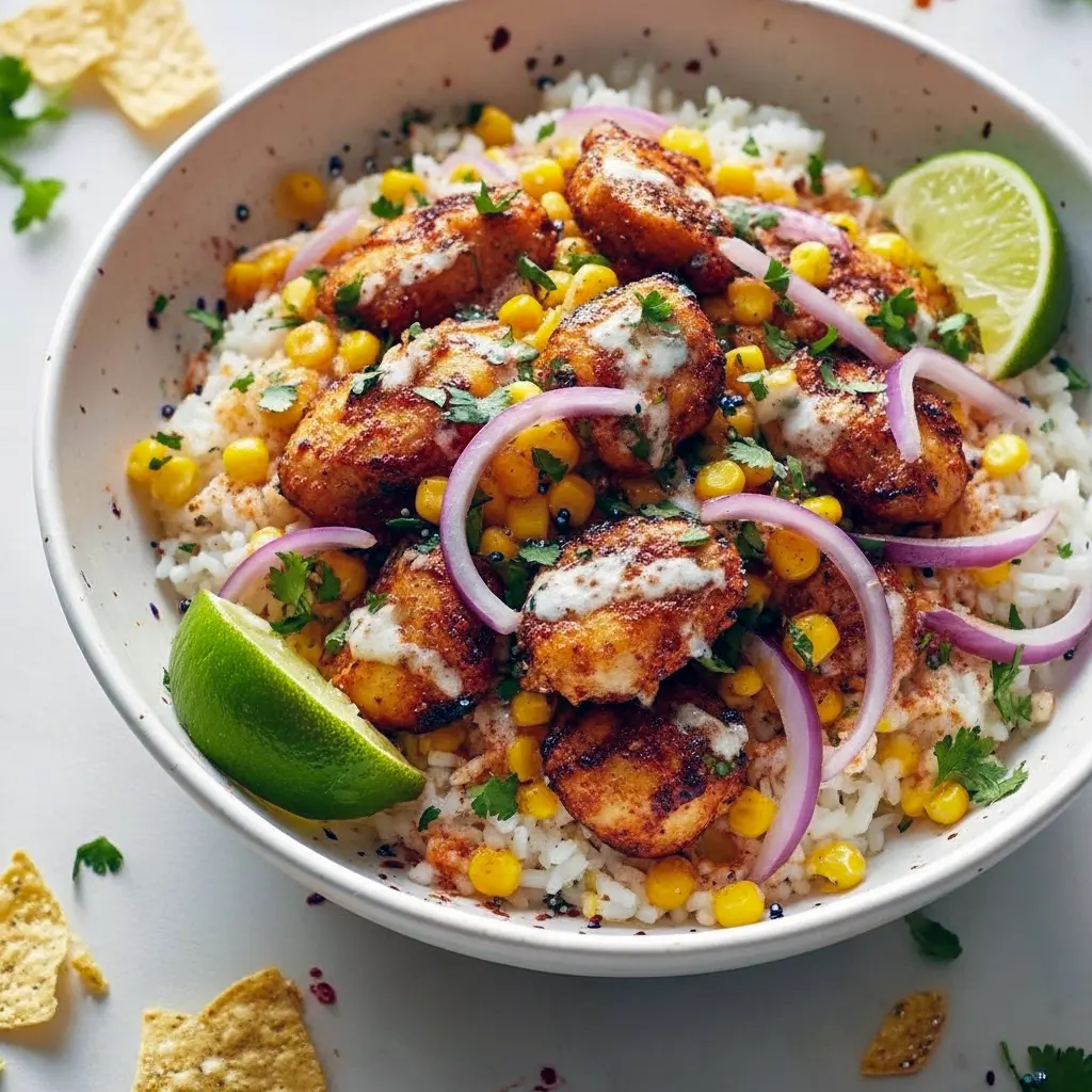 A colorful Loaded Street Corn Chicken Rice Bowl filled with juicy Mexican Street Corn Chicken, fluffy rice, grilled corn, Cotija cheese, and fresh lime — the perfect Rice Taco Bowl for a Summer Dinner Easy night.