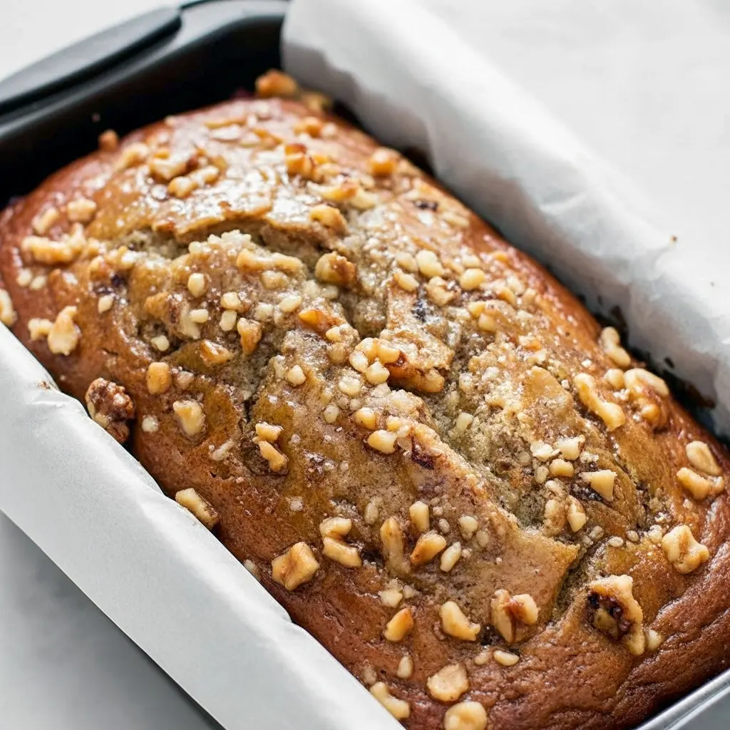 Sliced maple banana bread on a wooden board, showing moist crumb, toasted walnut pieces, and a glossy maple glaze.