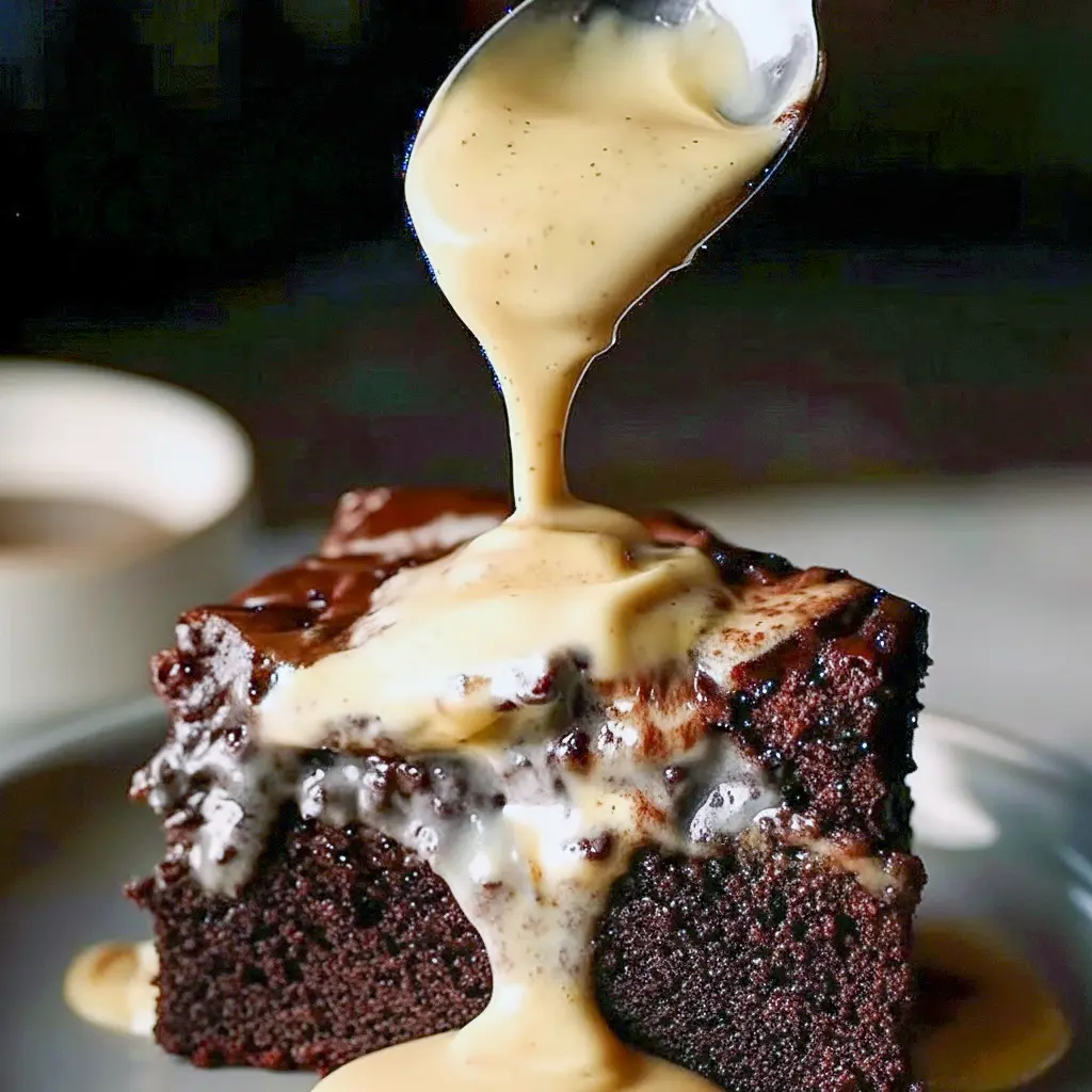 Slice of layered chocolate cake with light whipped frosting, dusted with cinnamon and served on a ceramic plate.