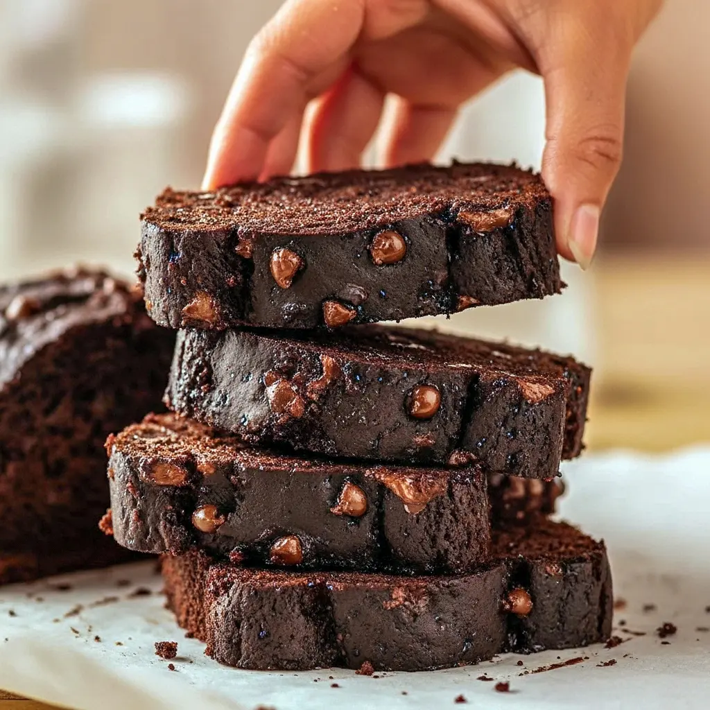 Sliced chocolate pumpkin loaf on a wooden board, showing a moist, tender crumb studded with melting chocolate chips and a scattering of extra chips on top.