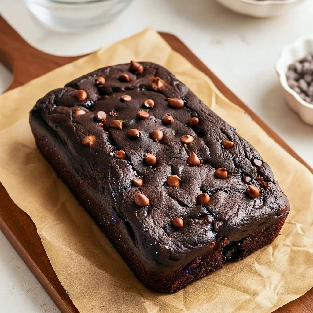 Sliced chocolate pumpkin loaf on a wooden board, showing a moist, tender crumb studded with melting chocolate chips and a scattering of extra chips on top.