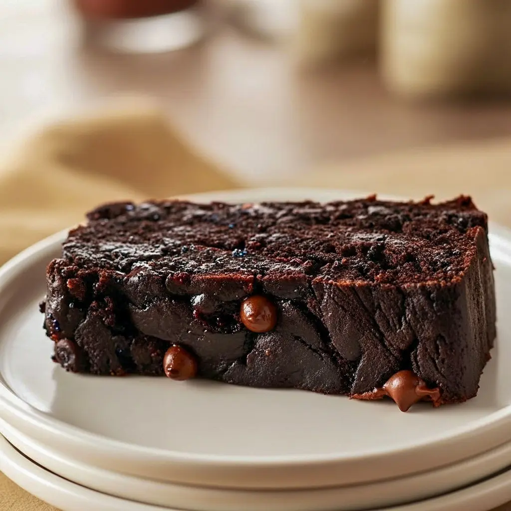 Sliced chocolate pumpkin loaf on a wooden board, showing a moist, tender crumb studded with melting chocolate chips and a scattering of extra chips on top.