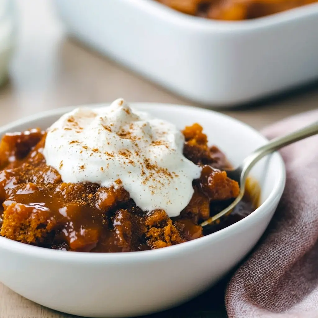 Close-up of a slice of spiced, saucy Gingerbread Pudding topped with whipped cream, showcasing the tender crumb of a Ginger Pudding Cake and the glossy, fall-flavored filling — perfect for Ginger Pudding lovers.