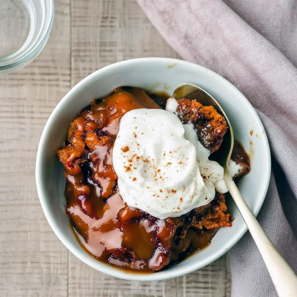 Close-up of a slice of spiced, saucy Gingerbread Pudding topped with whipped cream, showcasing the tender crumb of a Ginger Pudding Cake and the glossy, fall-flavored filling — perfect for Ginger Pudding lovers.