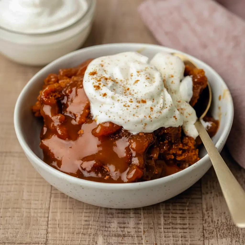 Warm square of Gingerbread Pudding Cake on a white plate, caramel-like sauce pooling around the edges and a dollop of whipped cream on top.