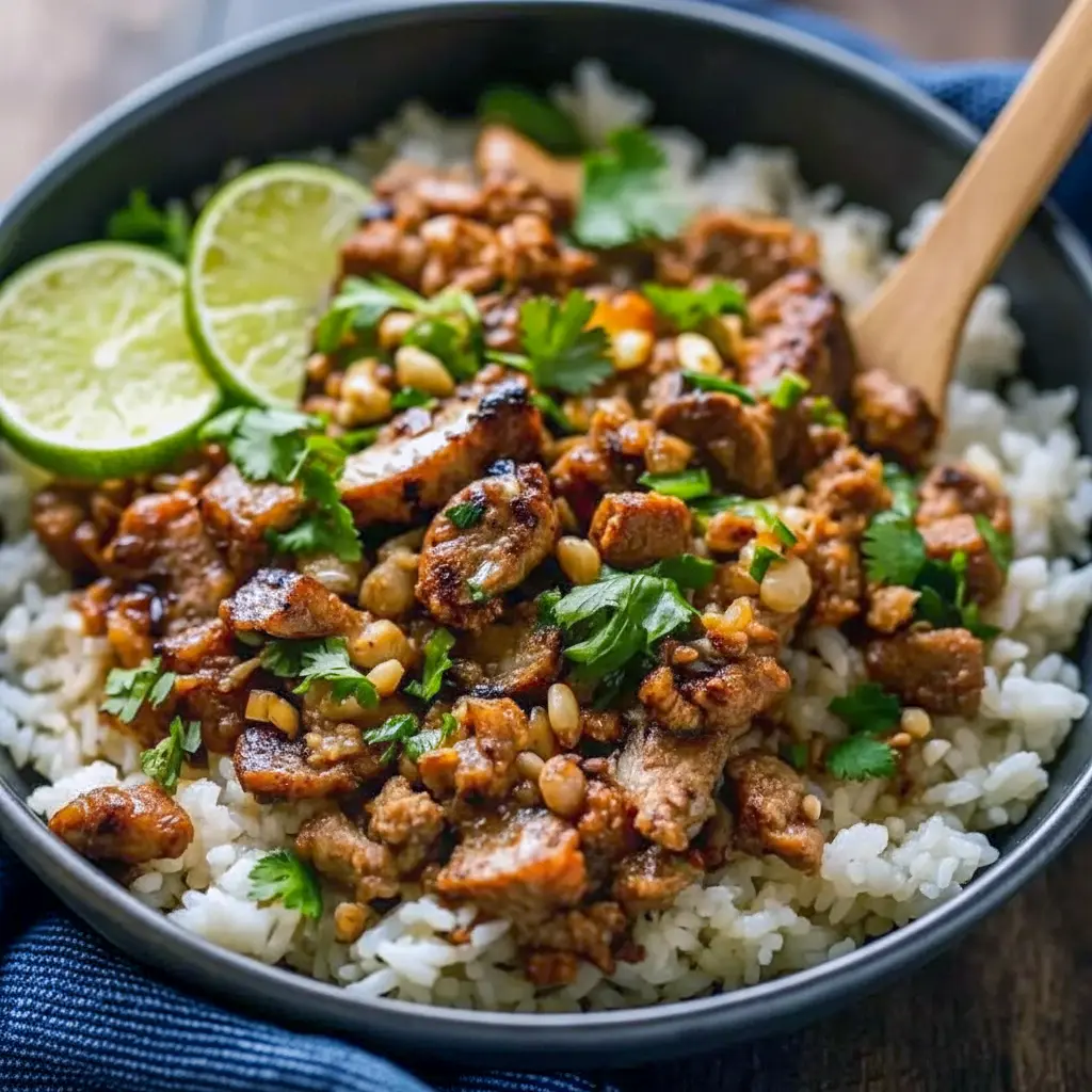 Close-up of glossy Ginger Lime pork medallions on fluffy jasmine rice with herbs and peanuts — a photo that screams Ginger Pork Recipes and perfectly represents creamy Coconut Rice Meals.