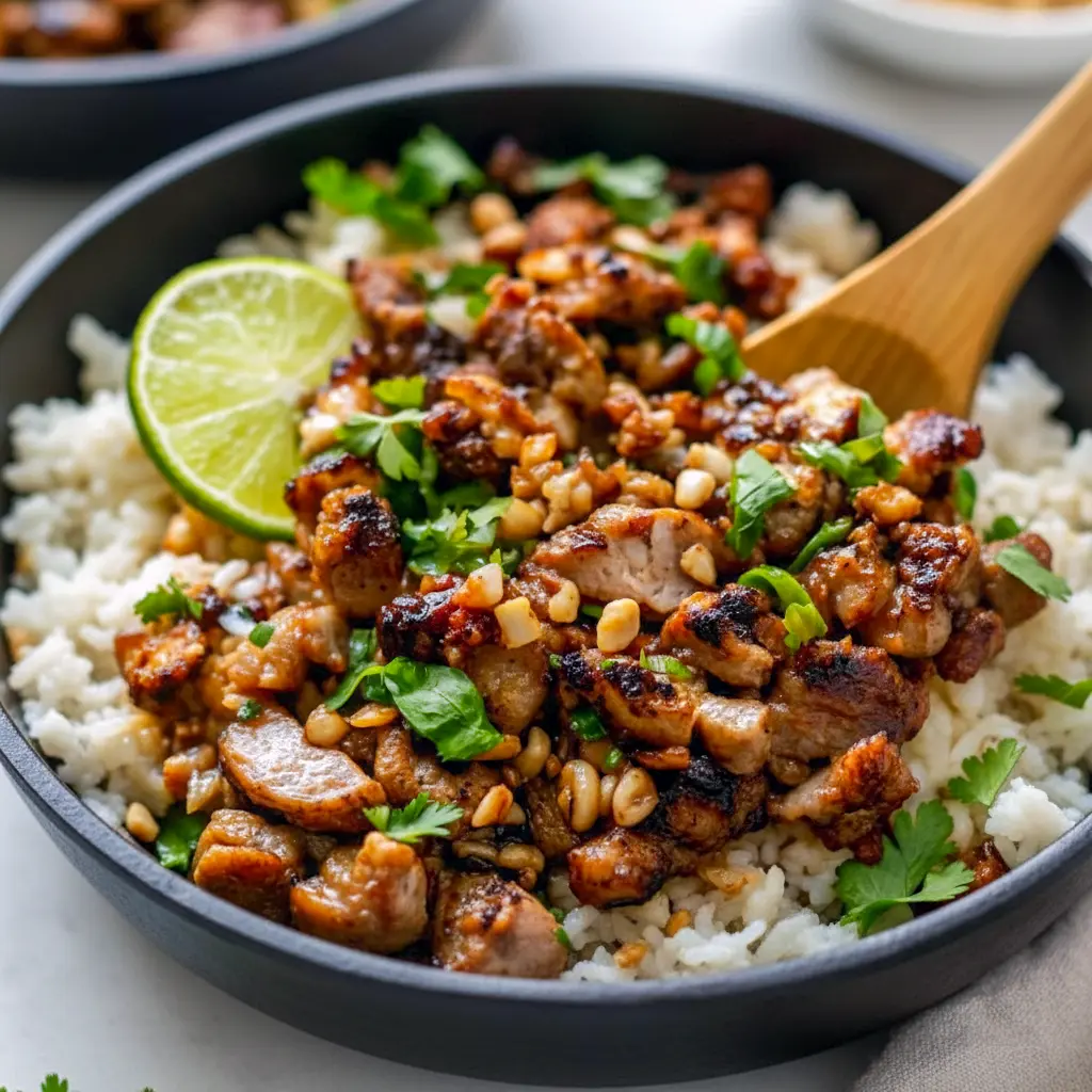 Close-up of glossy Ginger Lime pork medallions on fluffy jasmine rice with herbs and peanuts — a photo that screams Ginger Pork Recipes and perfectly represents creamy Coconut Rice Meals.