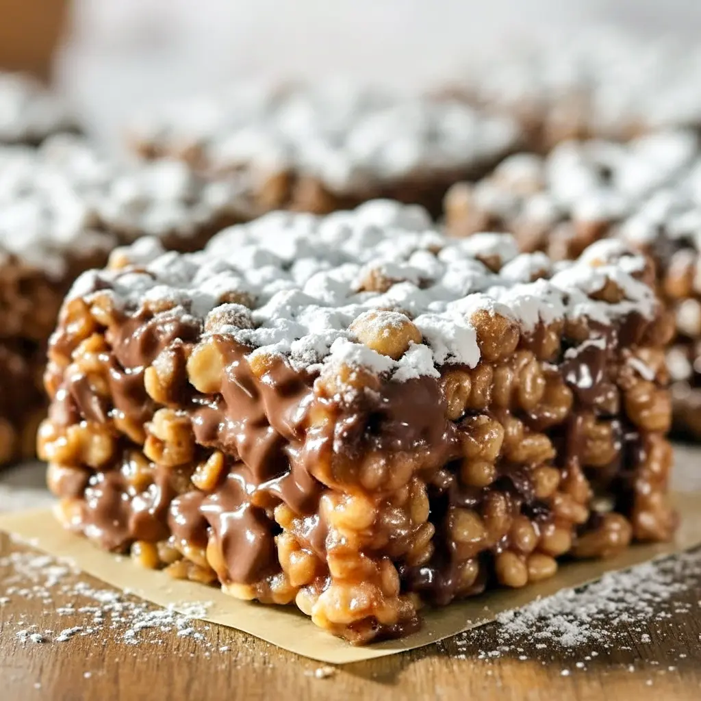 Close-up of chocolate-peanut-butter coated cereal clusters dusted with powdered sugar — quick Rice Krispy Dessert Ideas.