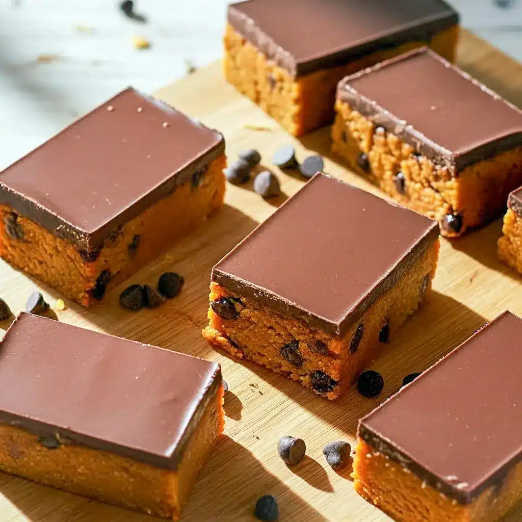 Stack of pumpkin chocolate chip protein bars with a glossy dark chocolate layer on top, cut into squares on parchment paper showing chewy, dense texture, Vegan Protein Bars.