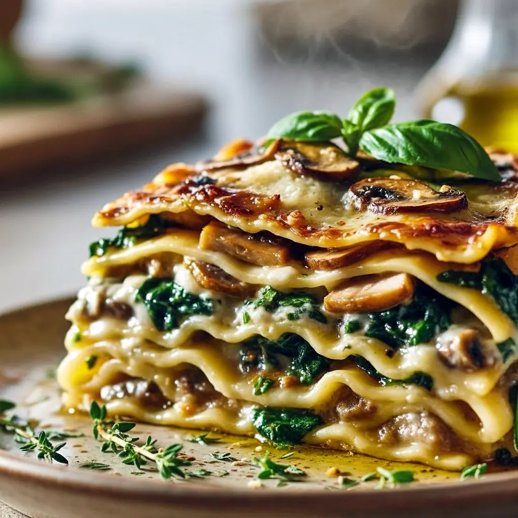 Slice of baked lasagna with melty cheese, visible mushroom and spinach layers, garnished with fresh basil on a white plate.