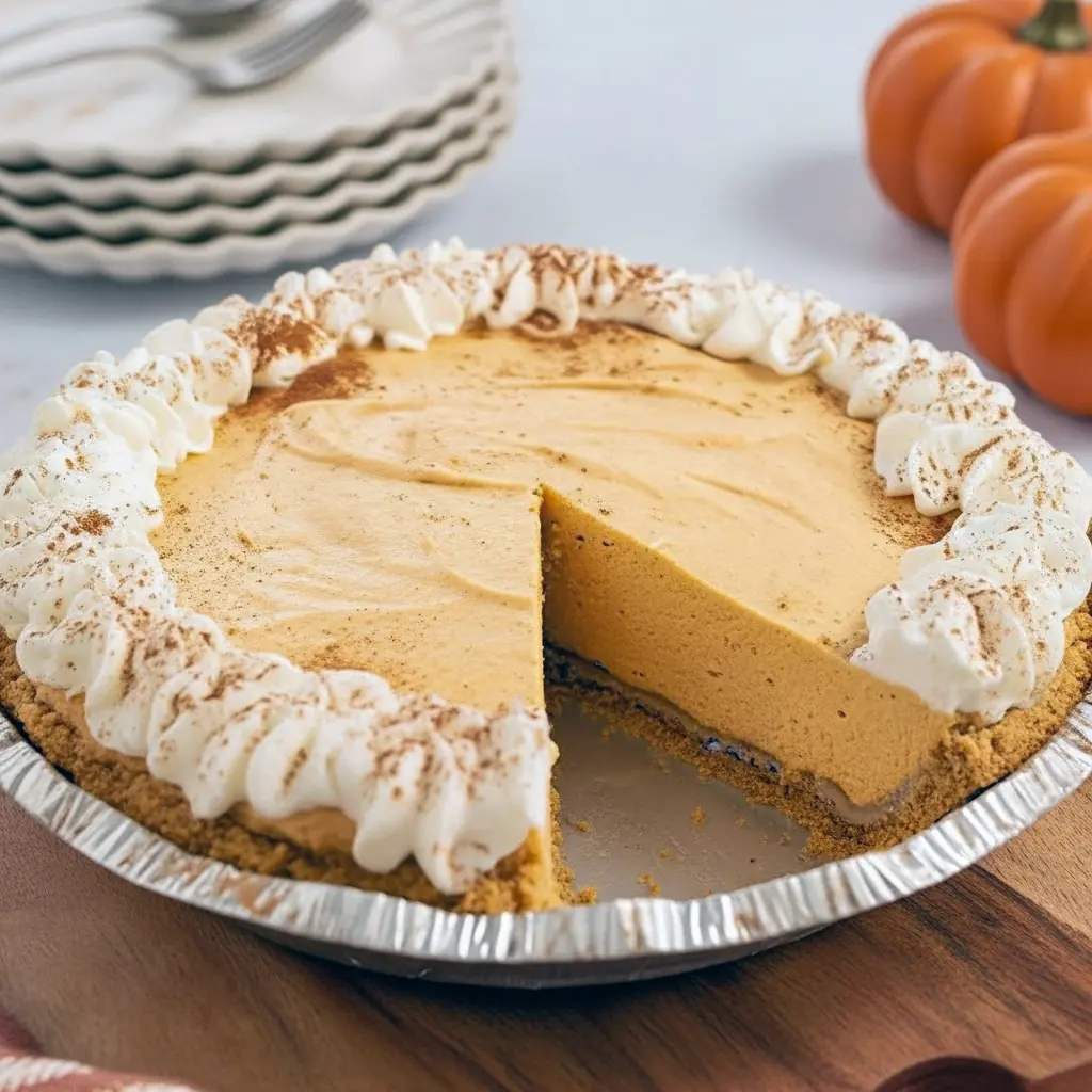 Slice of no-bake marshmallow pumpkin pie in a graham cracker crust, topped with whipped cream and toasted marshmallows, ready for Thanksgiving dessert, 3 Ingredient No Bake Pumpkin Pie.