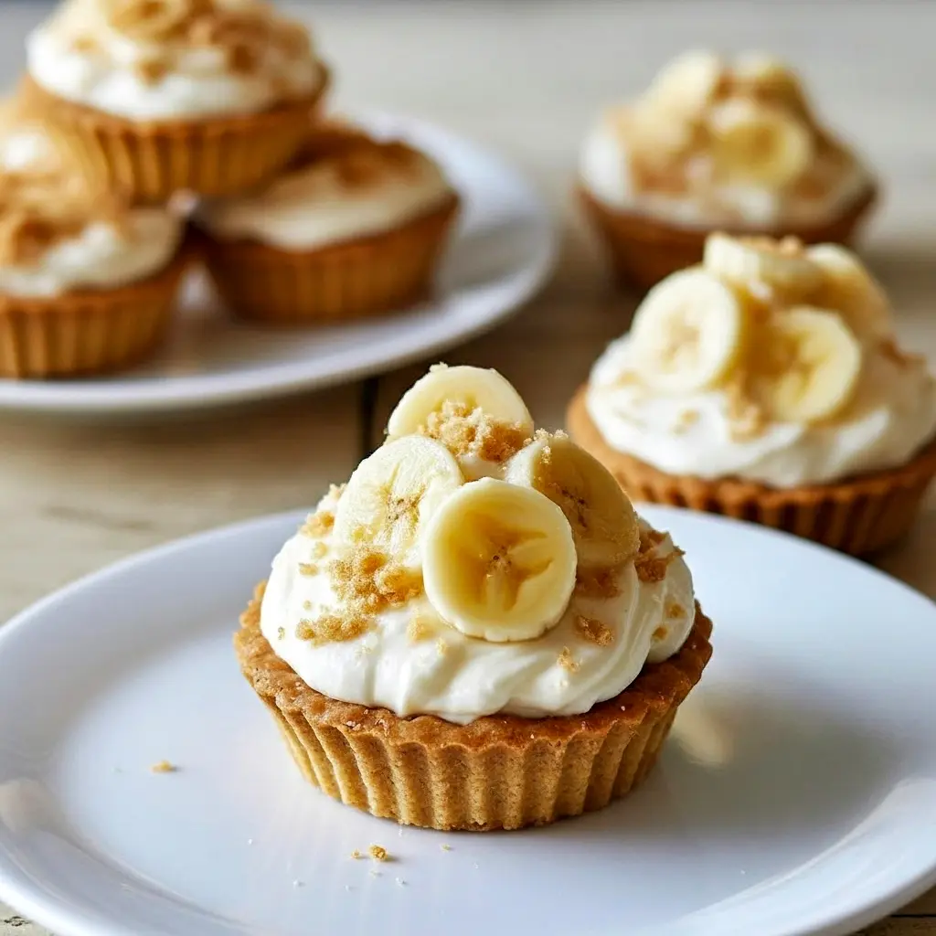 Close-up of mini banana cream pies: graham cracker shells filled with banana pudding, topped with whipped cream, banana slices, and a honey drizzle on a serving platter.