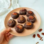 Close-up of chocolate-coated pecan-date bites on parchment, each topped with a pecan half and ready to snack.