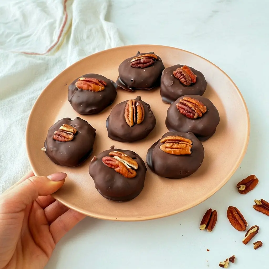 Close-up of chocolate-coated pecan-date bites on parchment, each topped with a pecan half and ready to snack.