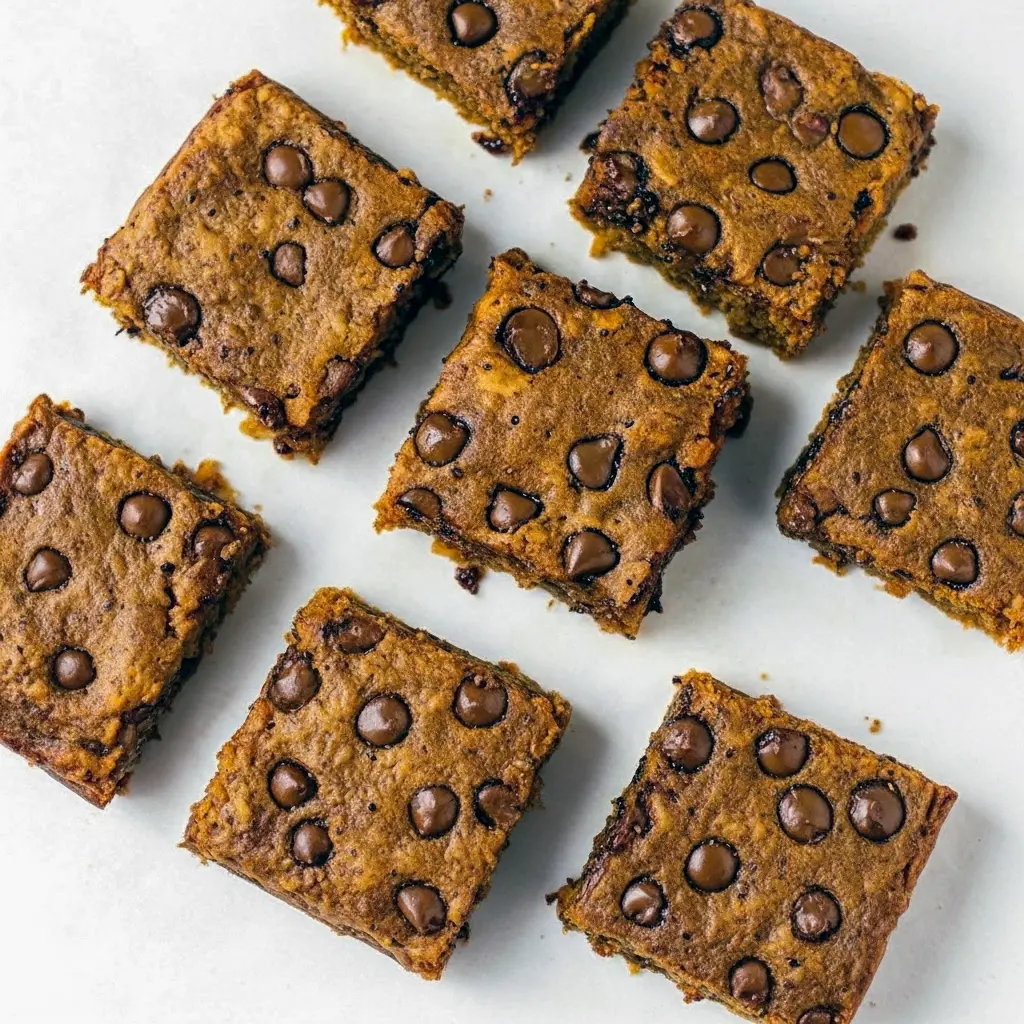 Golden-hued pumpkin oatmeal bars on a wooden board, studded with chocolate chips and oats, garnished with a sprinkle of cinnamon and a few pumpkin seeds.