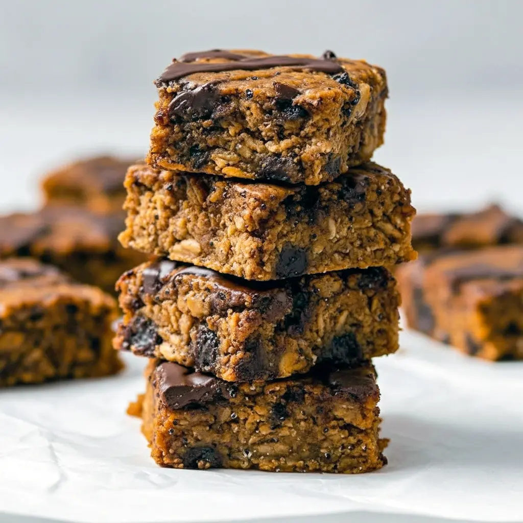 Golden-hued pumpkin oatmeal bars on a wooden board, studded with chocolate chips and oats, garnished with a sprinkle of cinnamon and a few pumpkin seeds.