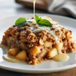 Golden-brown oatmeal apple breakfast bake in a square dish topped with apple slices and a sprinkle of cinnamon, ready for busy mornings.