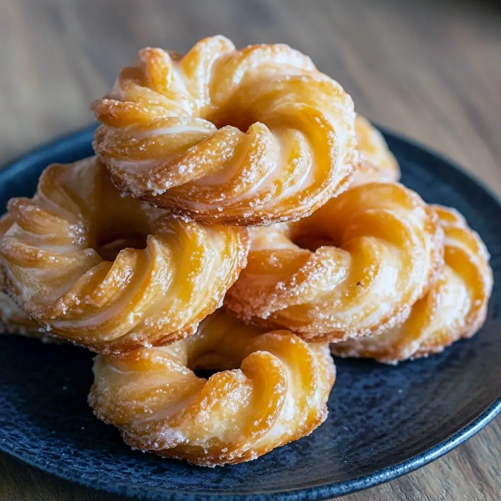 Shiny glazed oven-baked cruller-style donut with ridged edges on a cooling rack, sprinkled lightly with powdered sugar, French Cruller Donut.